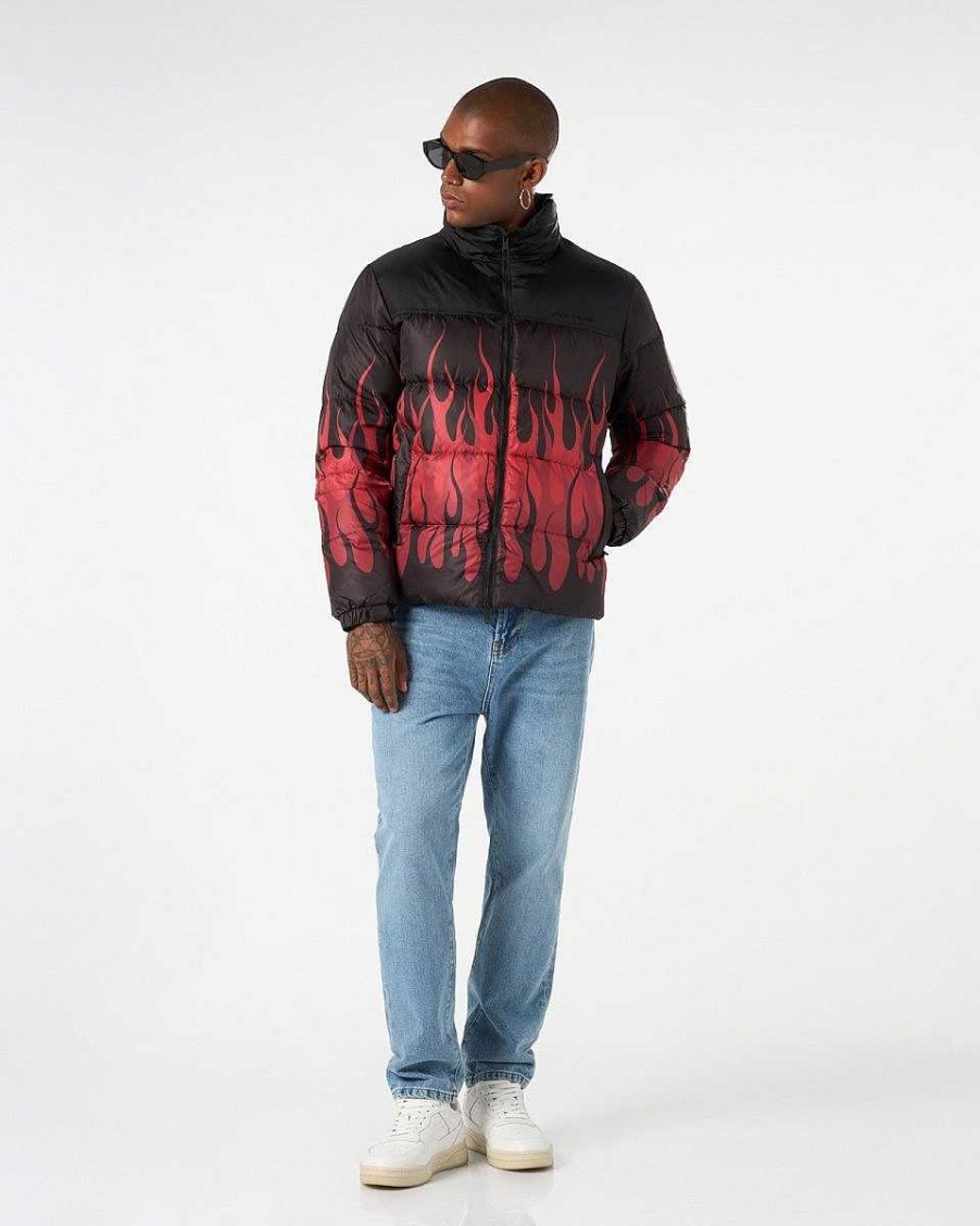 Men Vision of Super Outwear | Black Double Face Puffer Jacket With Red Triple Flames