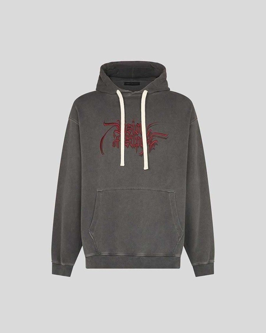 Men Vision of Super Sweatshirts | Grey Stonewashed Hoodie With Dancing Skeletons Graphics